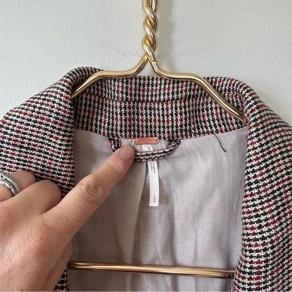 Free People Chess Tweed Houndstooth Plaid Linen One Button Blazer L